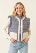 Plus Size Gingham Quilted Puffer Vest- Blue/White