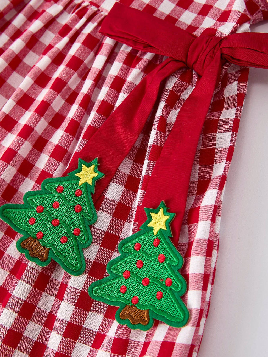 Christmas Plaid Dress with Tree Bow Accents- Red