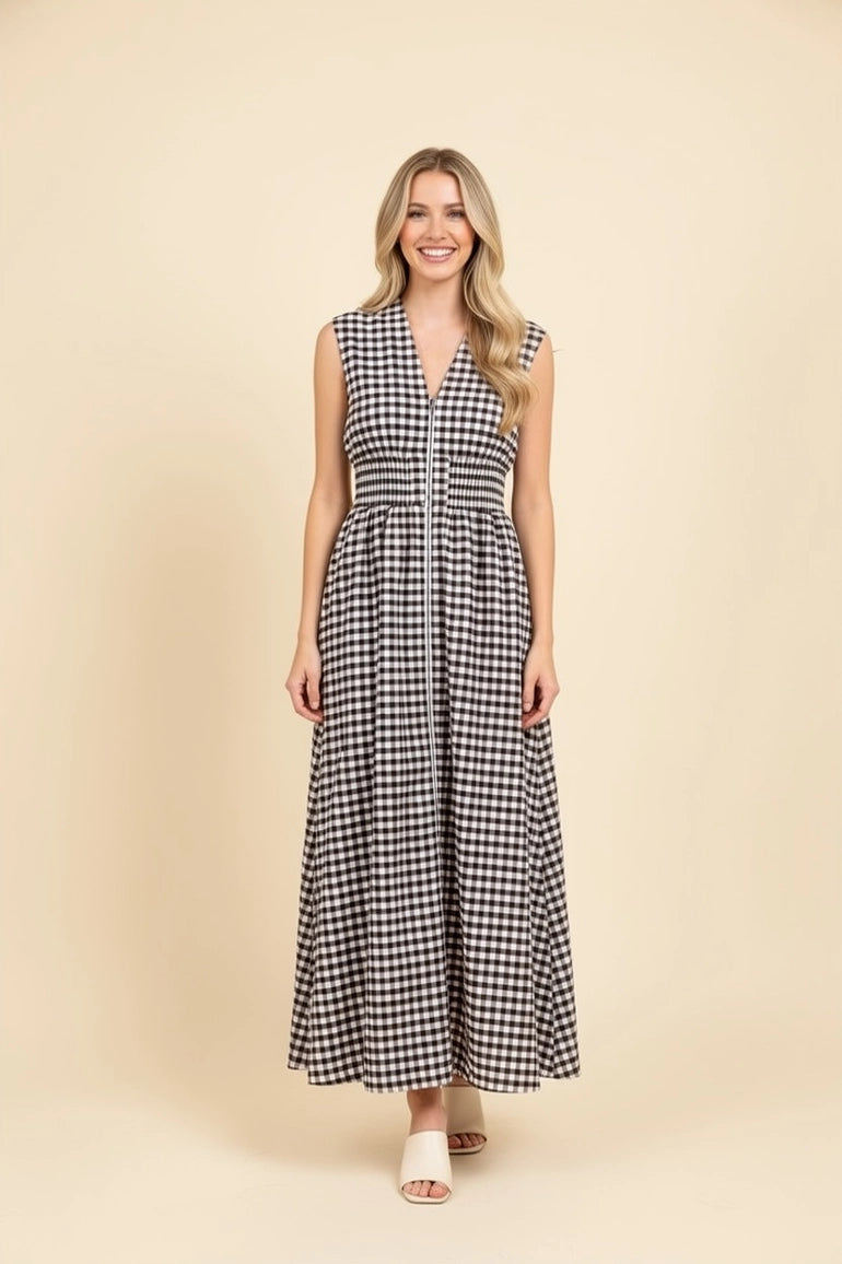 Gingham Zip-Front Smocked Waist Maxi Dress- Brown