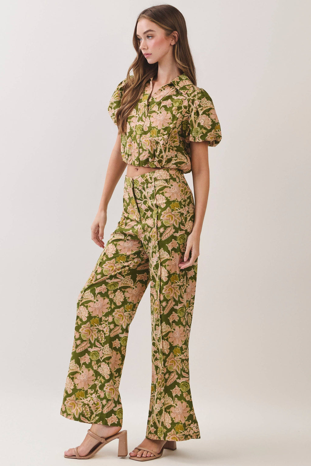 Floral Print Wide Leg Long Pants- Green