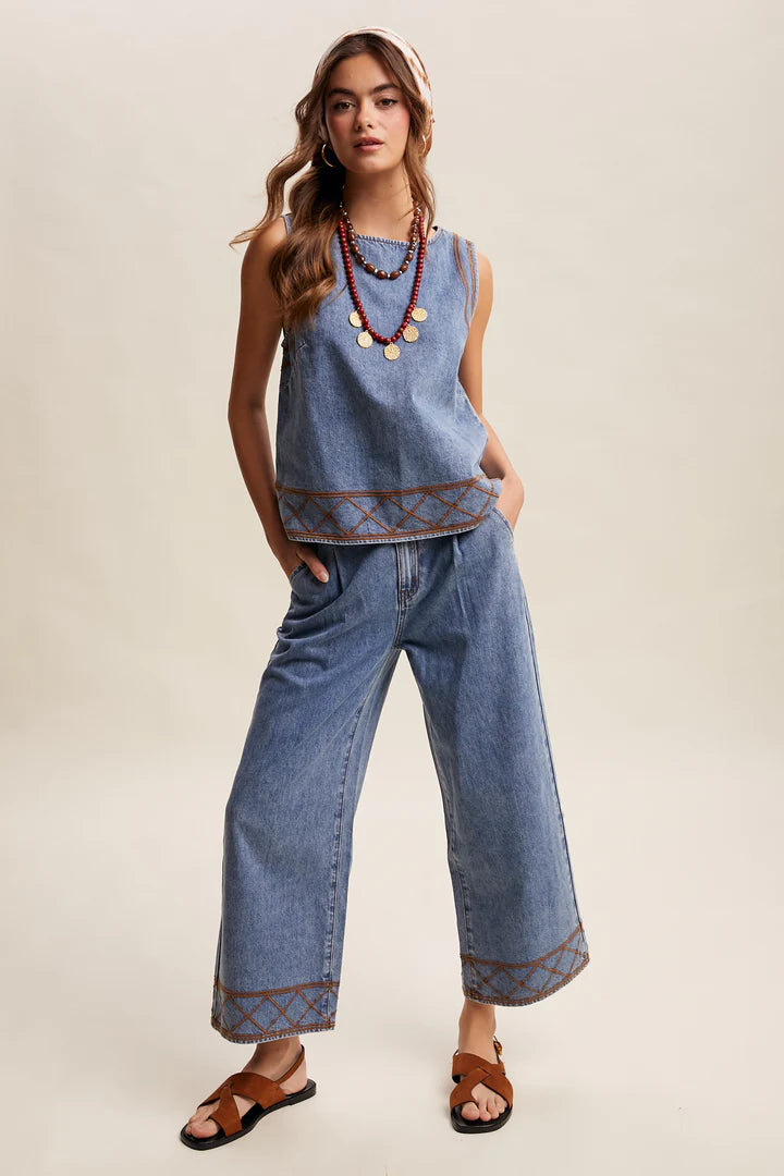 Stitch Embroidered Denim 2pc Set