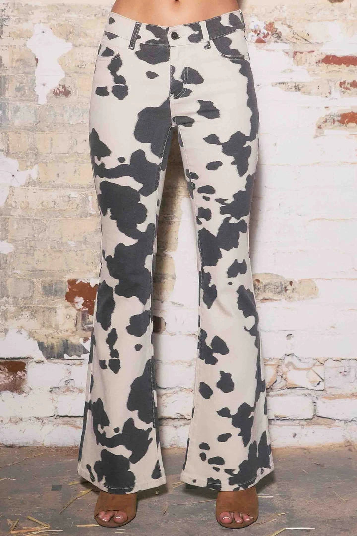 Cow Print Low Rise Flare Jeans