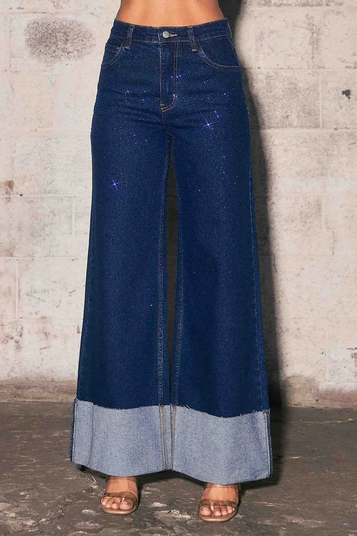 Rhinestone High-Rise Cuff Wide Leg Jeans