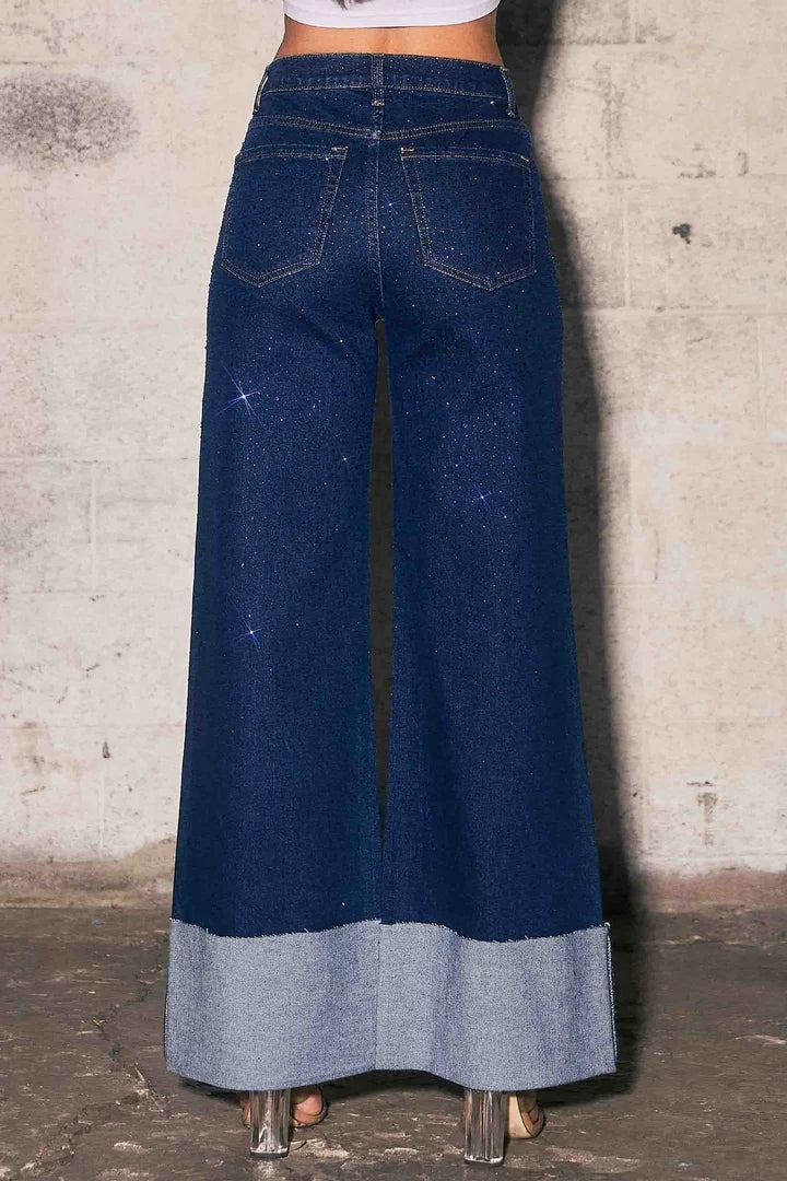 Rhinestone High-Rise Cuff Wide Leg Jeans