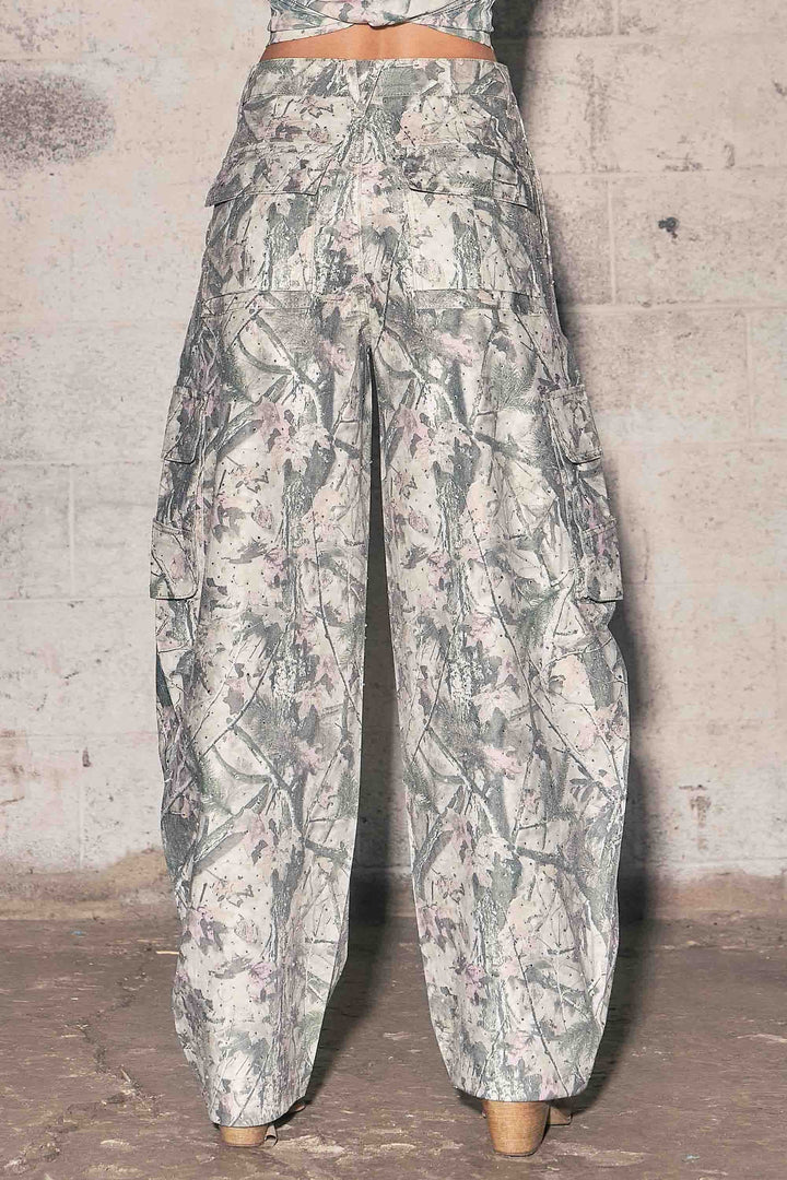 Rhinestone Camo Print Baggy Barrel Jeans