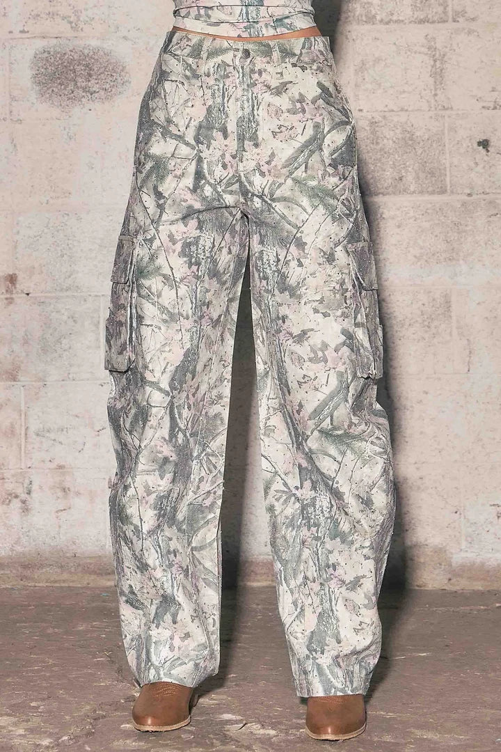 Rhinestone Camo Print Baggy Barrel Jeans