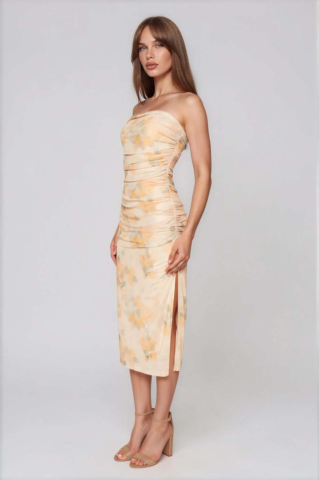 Floral Mesh Ruched Strapless Midi Dress