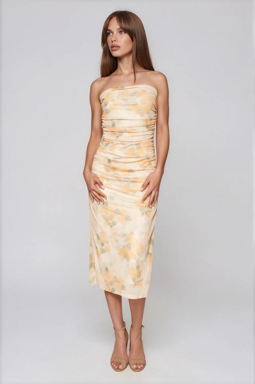 Floral Mesh Ruched Strapless Midi Dress
