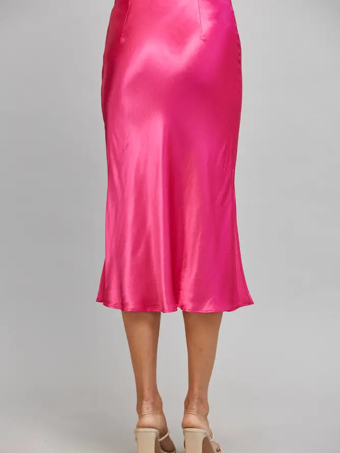 Satin Slip Midi Skirt- Fuchsia