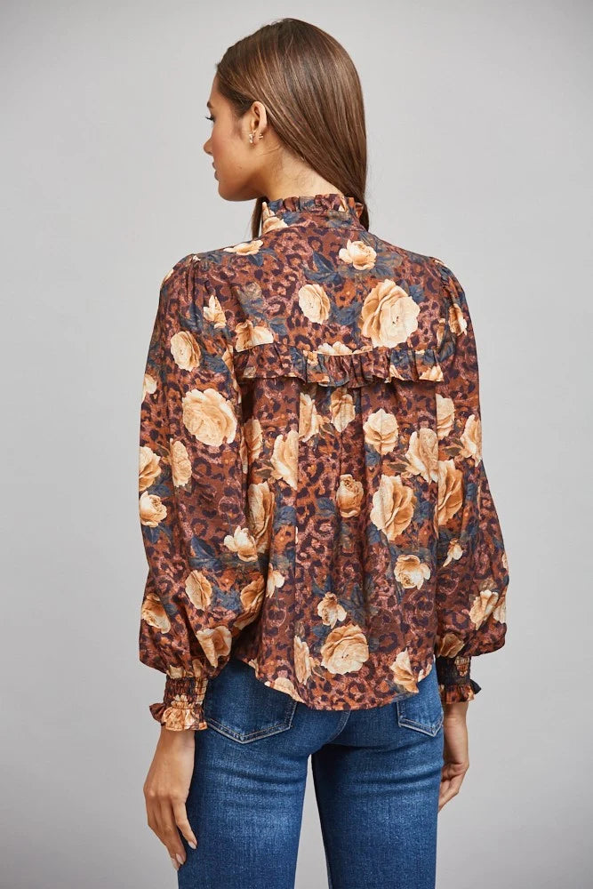 High Ruffled Collar Blouse- Brown