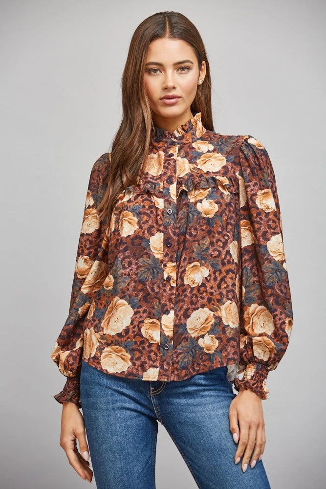 High Ruffled Collar Blouse- Brown