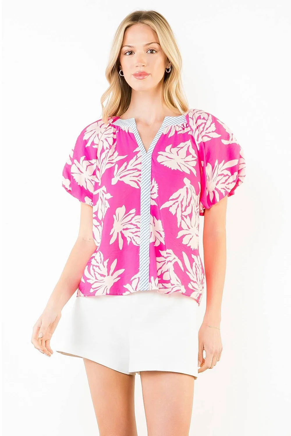 Aloha Puff Top- Pink/Blue