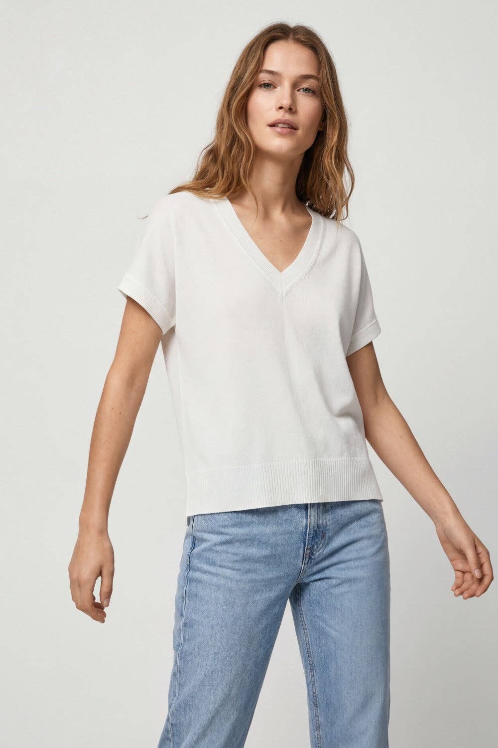 V-Neck Short Sleeve Knit Sweater- White
