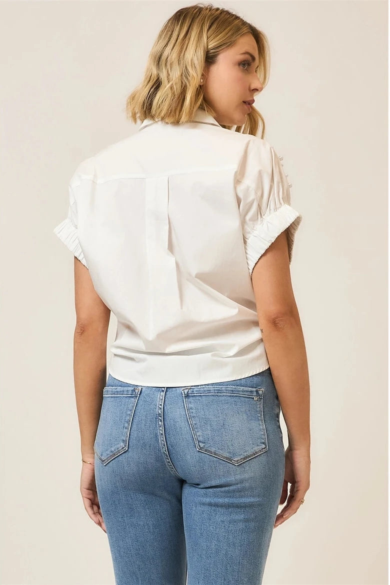 Plus Size Pearl Studded Sleeve Bottom Up Top- White