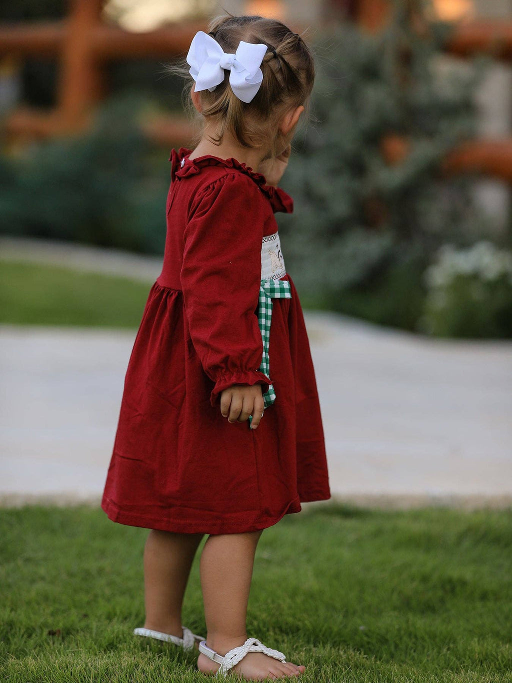 Christmas Embroidered Dress with Plaid Bow- Red