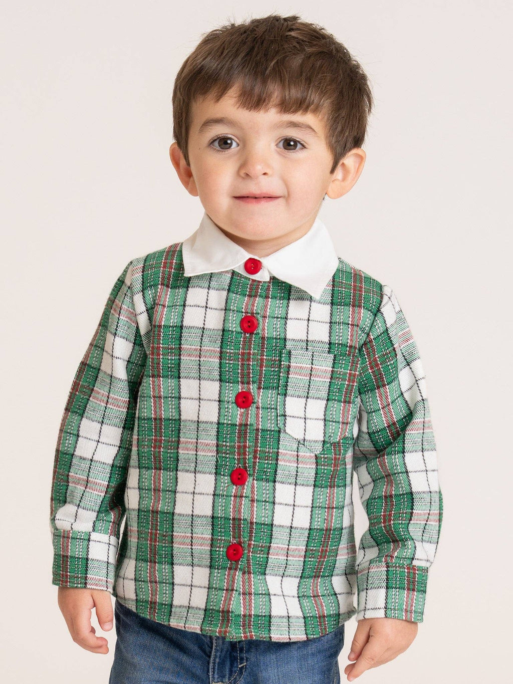 Christmas Plaid Button-Up Shirt- Green/White