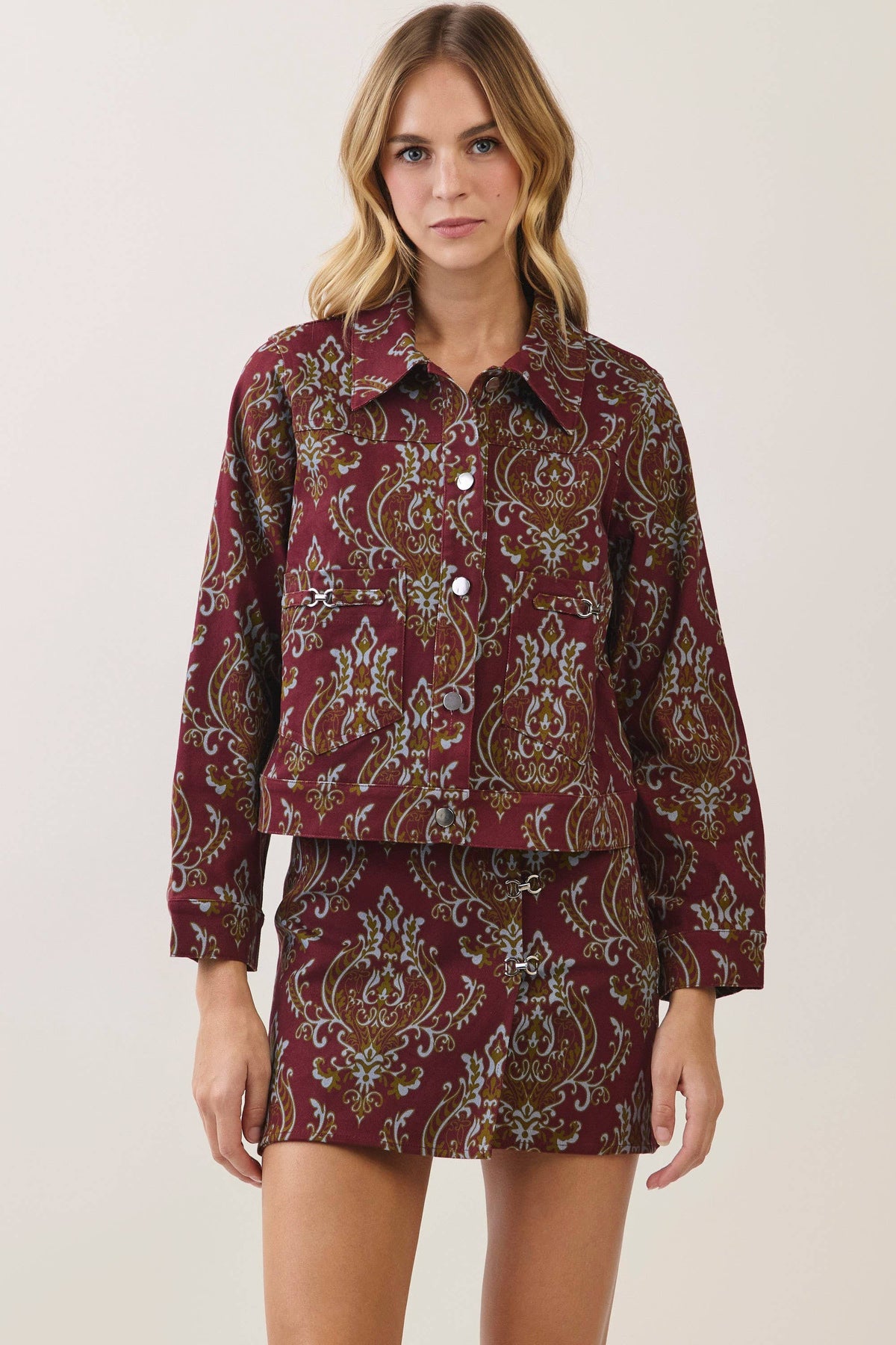Paisley Print Utility Jacket- Burgundy