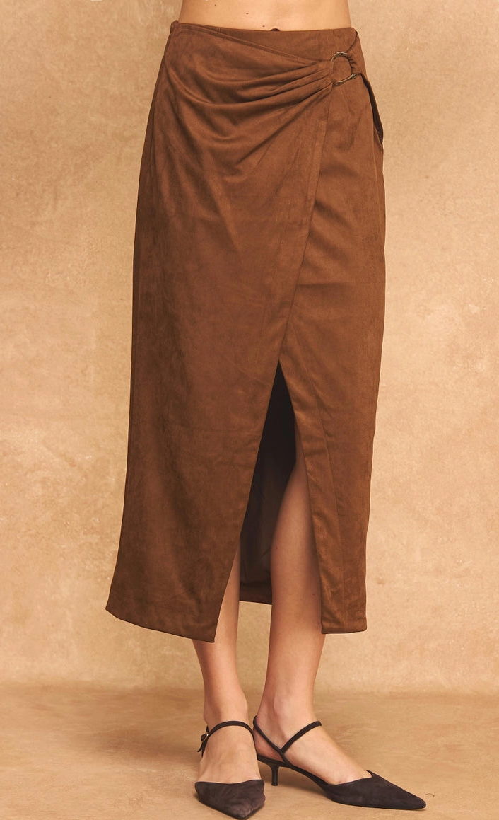 Faux Suede Wrap Midi Skirt- Brown