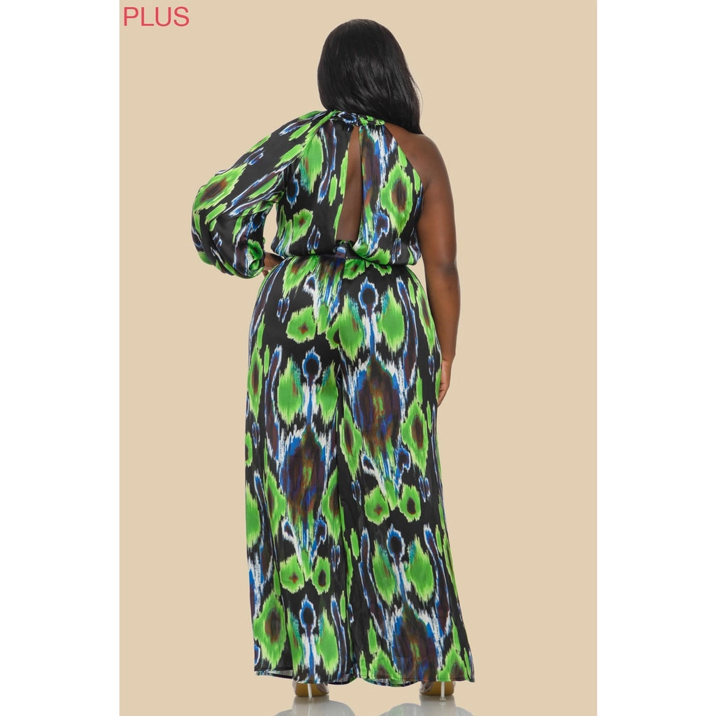 Plus Size One Shoulder Jumpsuit- Black/Green