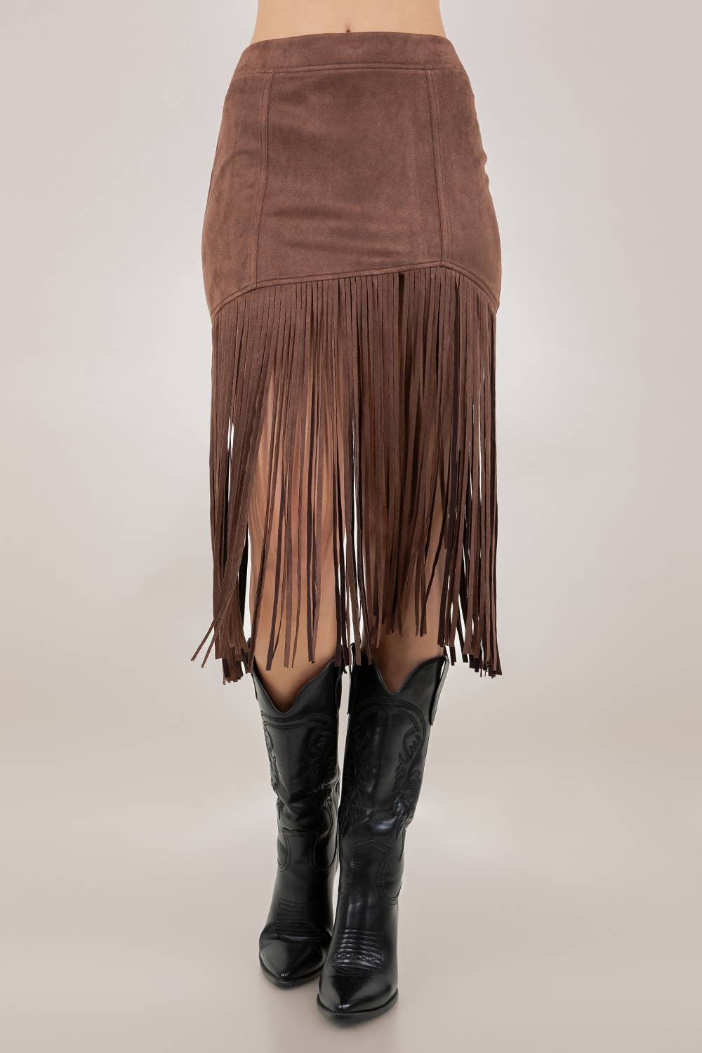 Fringed Faux Suede Skirt- Brown
