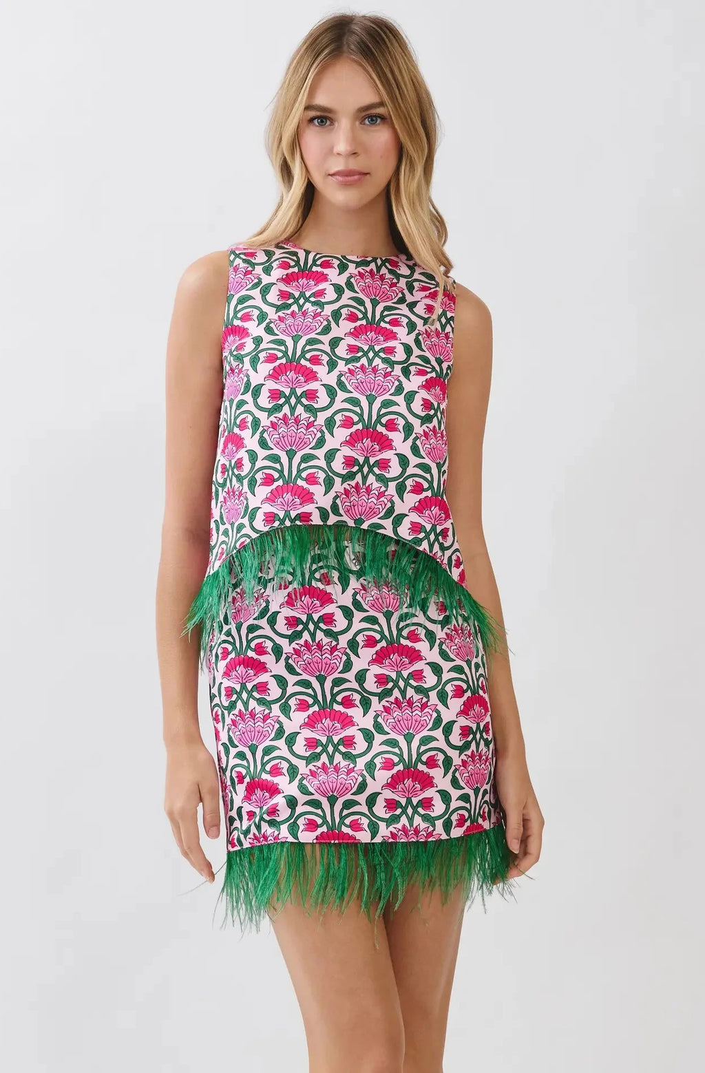 Floral Print Feather Trim Sleeveless Top- Pink