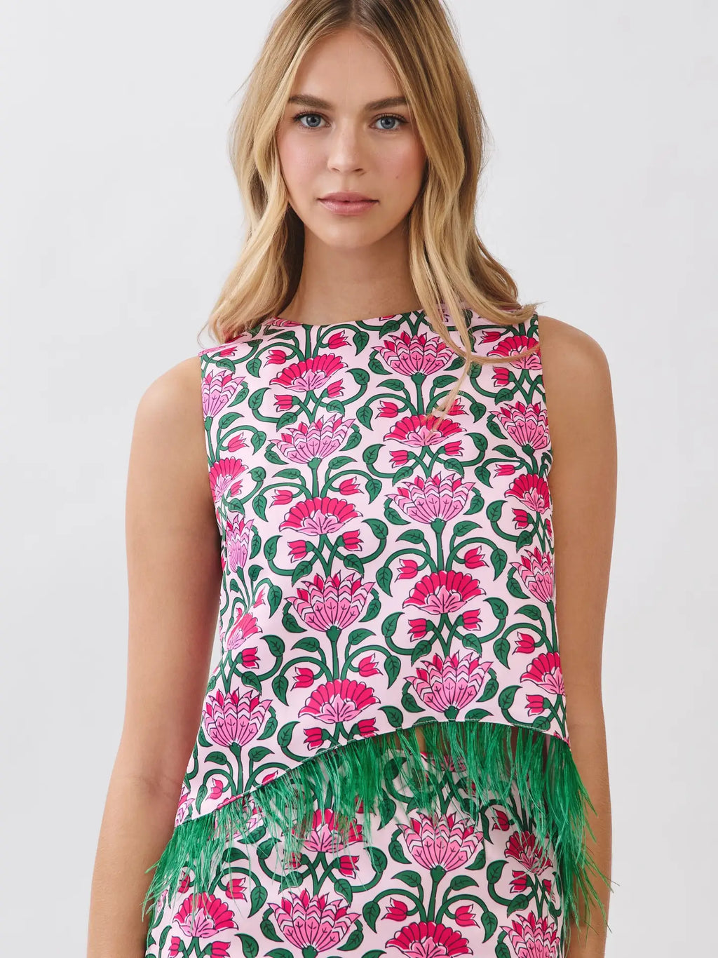Floral Print Feather Trim Sleeveless Top- Pink
