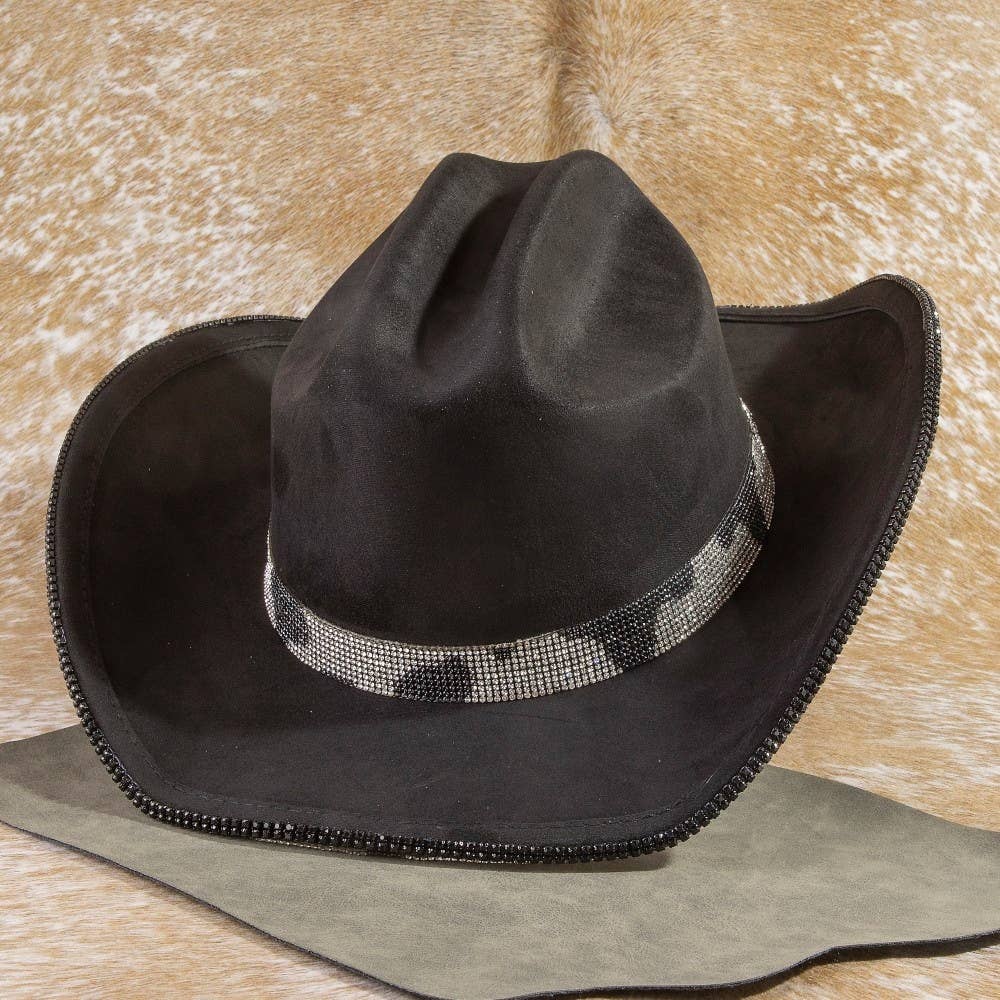 Pave Rhinestone Studded Cow Pattern Cowboy Hat- Black