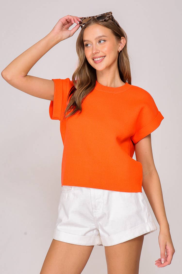 Sweater Top With Rolled Up Sleeves- Orange