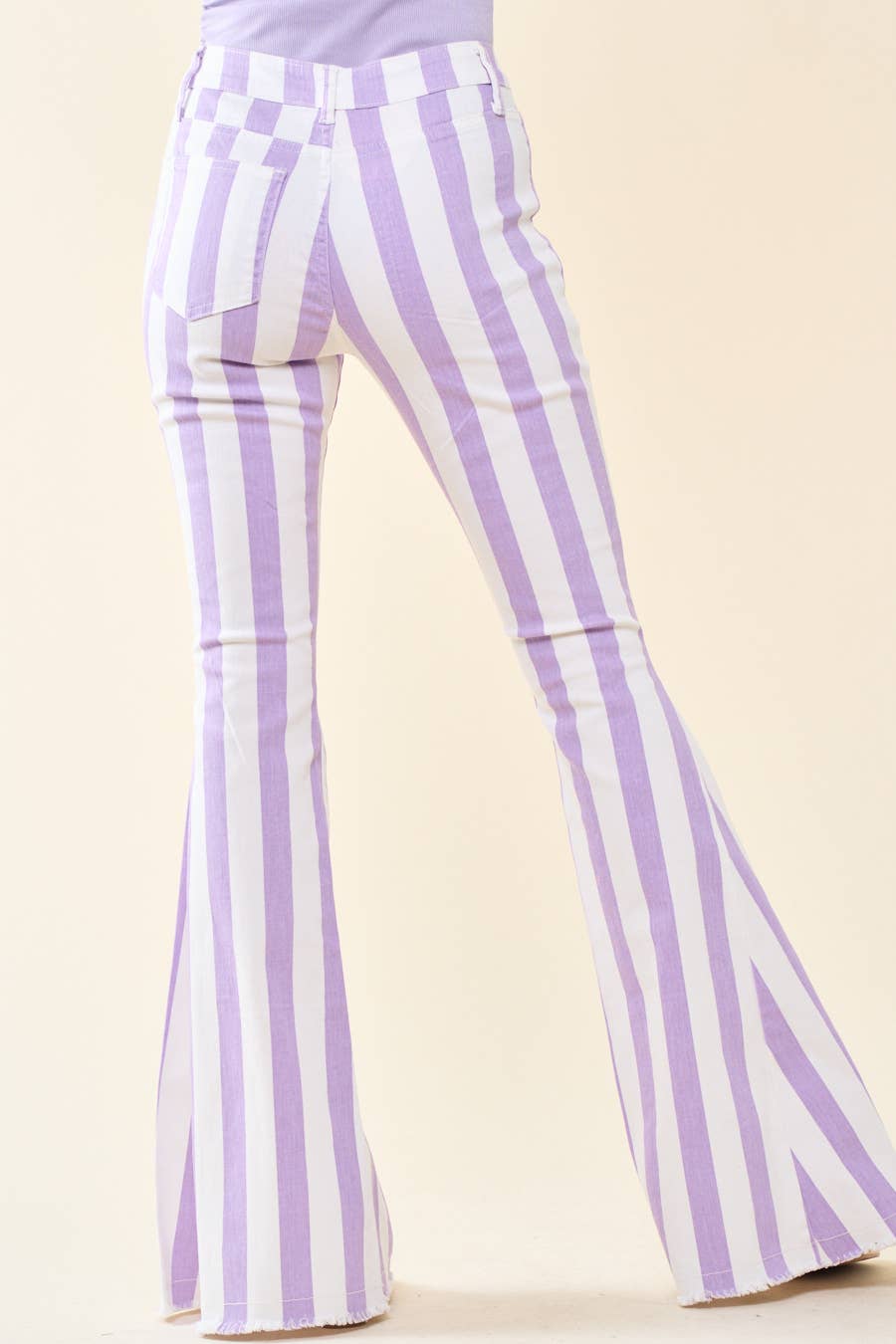 Striped Washed Denim Bell Bottoms- Purple/White