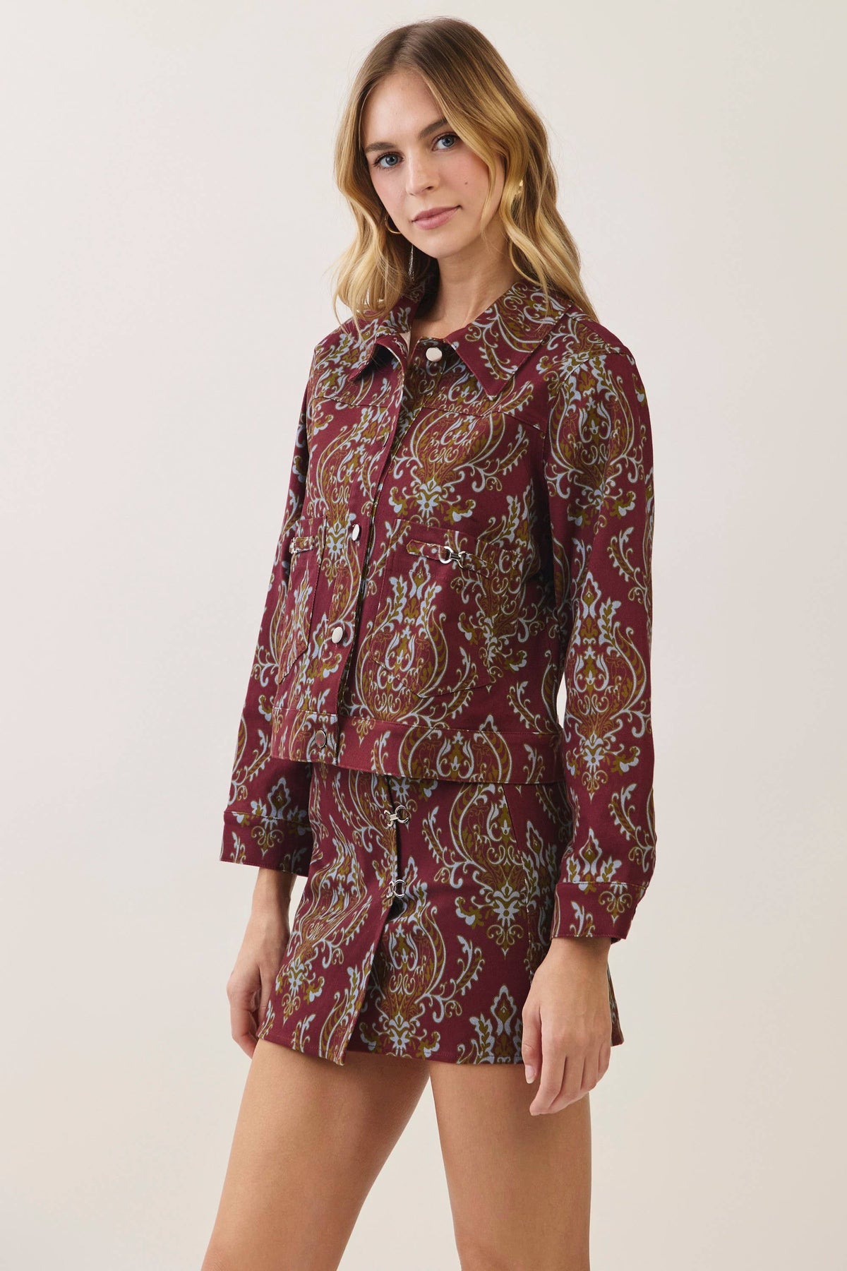 Paisley Print Hook Front Mini Skirt- Burgundy