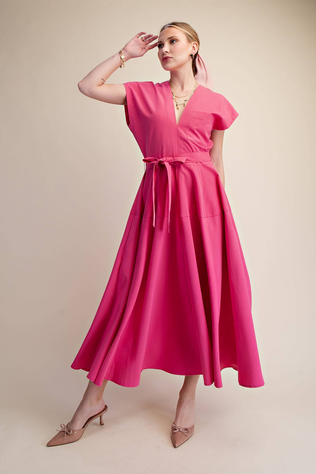 V-Neck Drop Shoulder Midi Dress- Pink