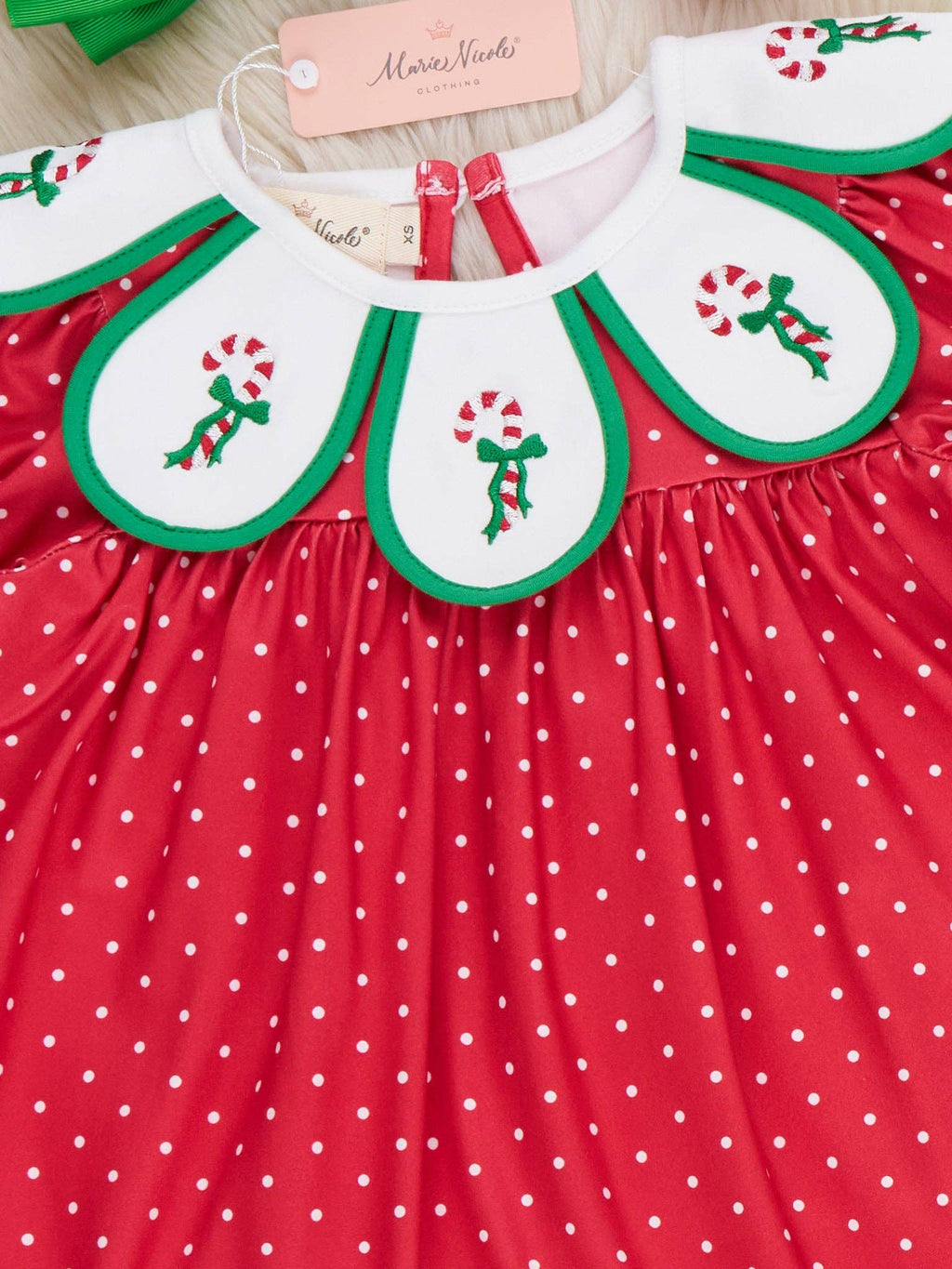 Candy Cane Embroidered Scallop Bow Dress- Red