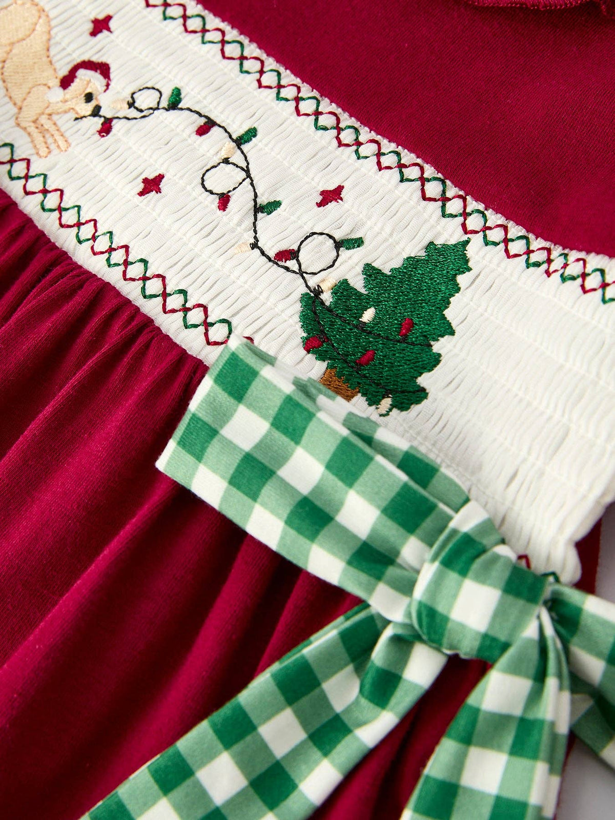 Christmas Embroidered Dress with Plaid Bow- Red