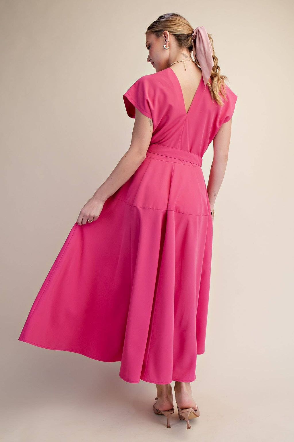 V-Neck Drop Shoulder Midi Dress- Pink