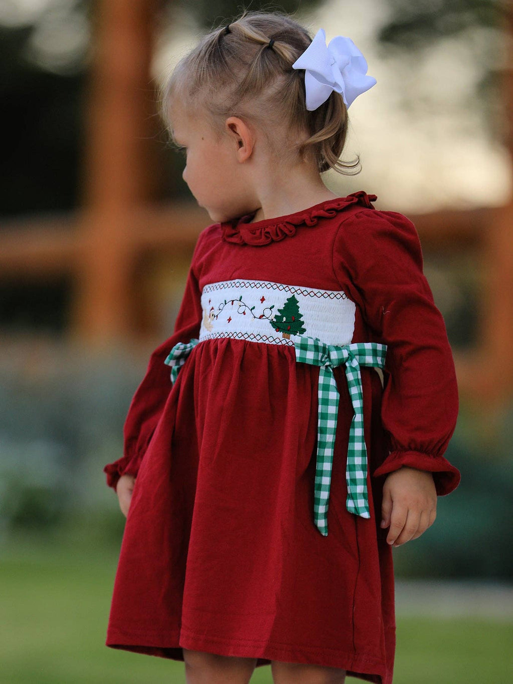 Christmas Embroidered Dress with Plaid Bow- Red
