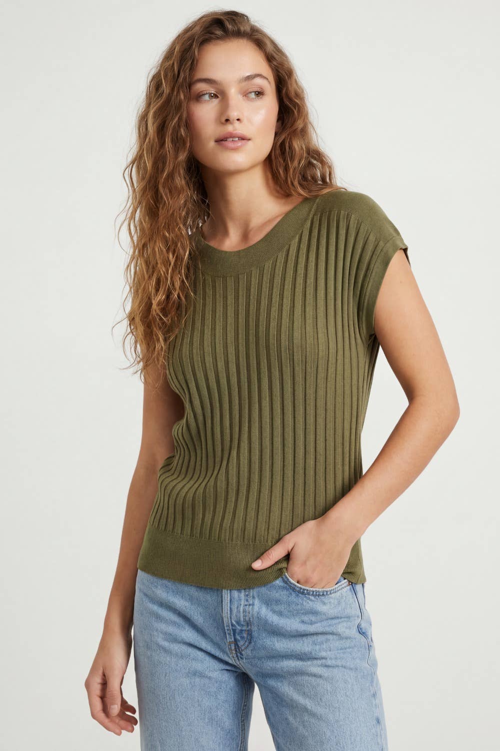 Rib Knitted Sweater with Boat Neck- Green