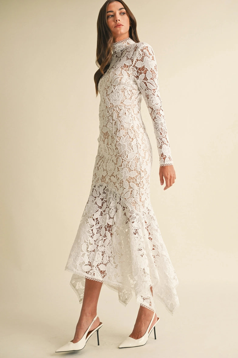 Floral Bridal Wedding Lace Midi Dress- White
