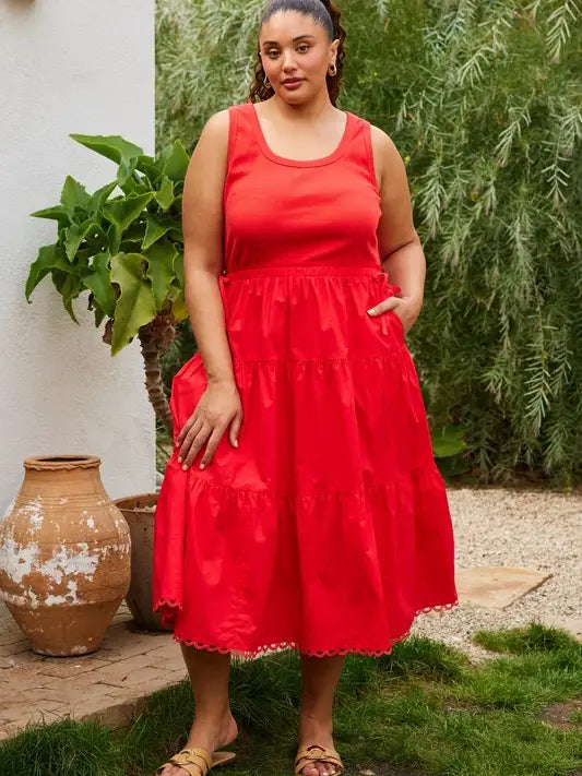 Plus Size Sleeveless Knit Tank Poplin Skirt Mixed Media Dress