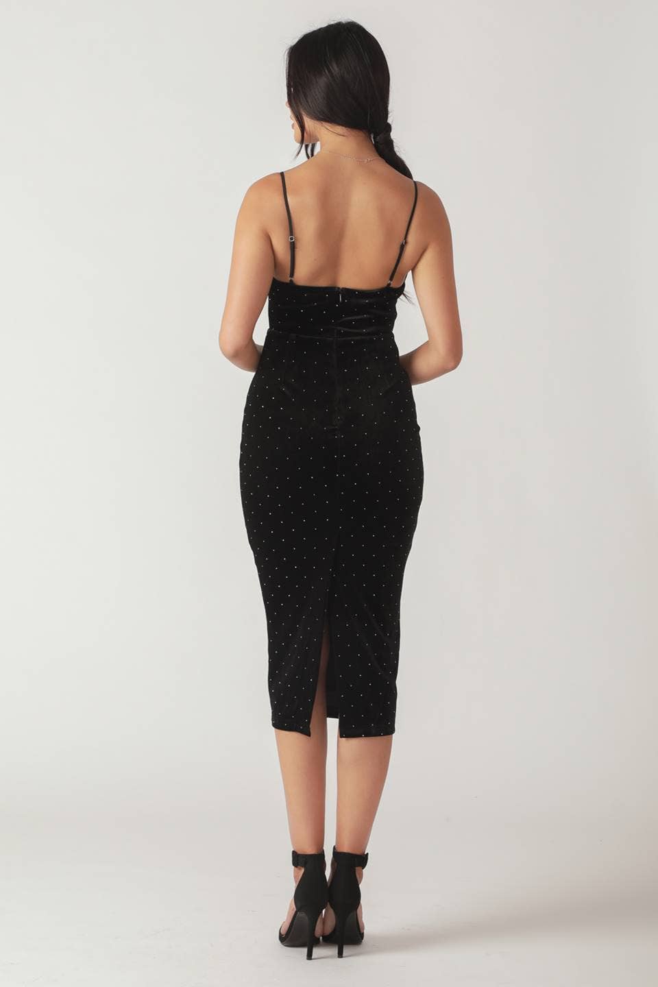Embellished Velvet Midi Dress- Black