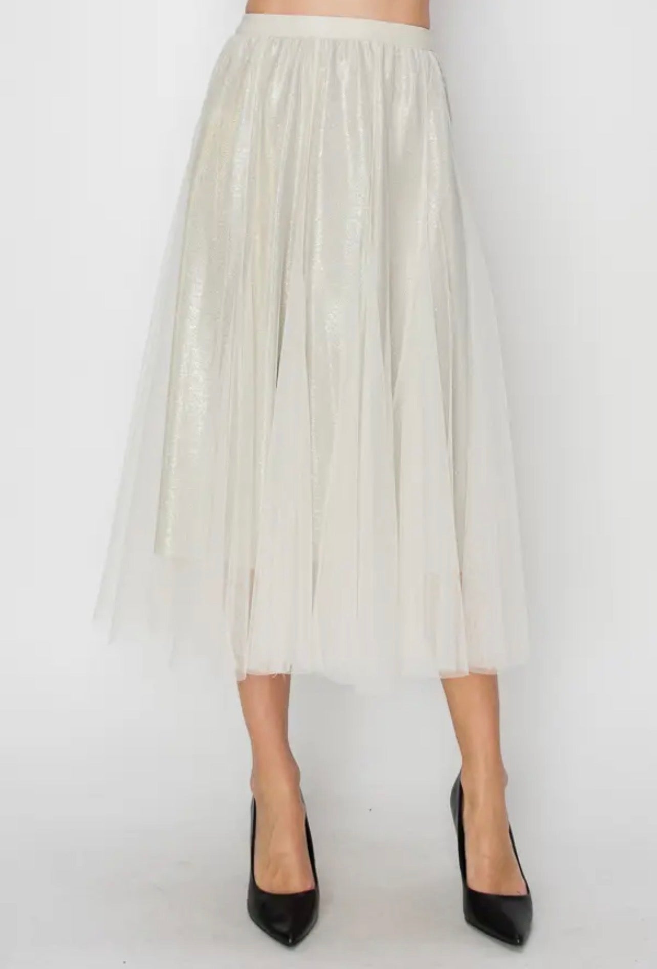 Sparkly Skirt With Mesh Layer - Beige