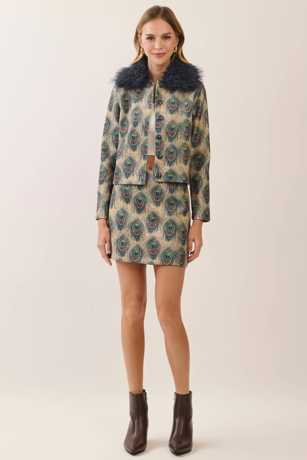 Peacock Print Faux Fur Collar Jacket- Navy
