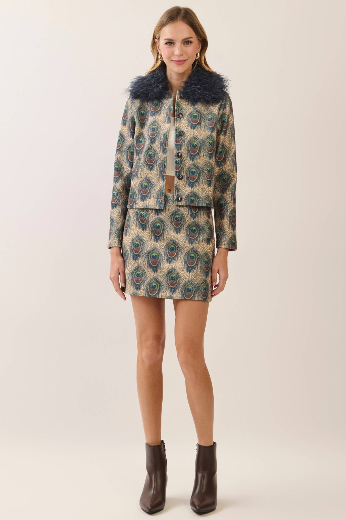 Peacock Print Faux Fur Collar Jacket- Navy