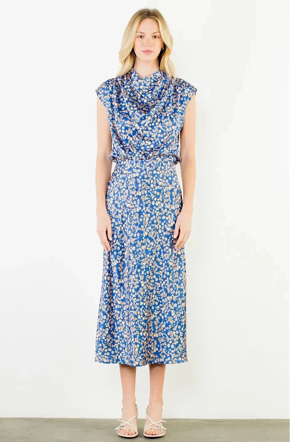 Floral Cowl Neck Sleeveless Top- Blue