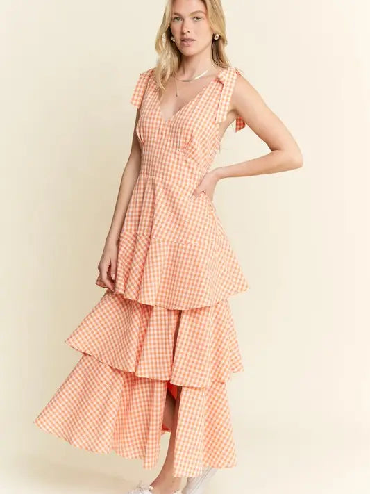 Gingham Tiered Midi Dress- Orange