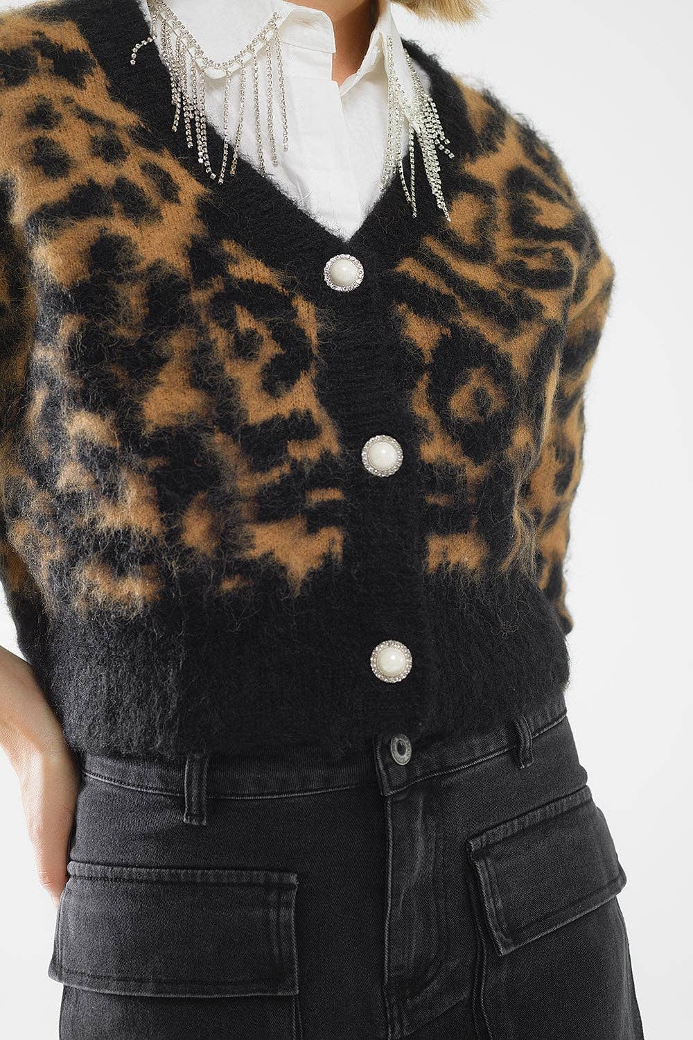Leopard Print Wool Cardigan- Black/Brown