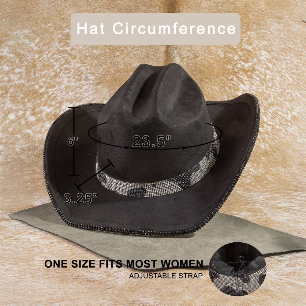 Pave Rhinestone Studded Cow Pattern Cowboy Hat- Black