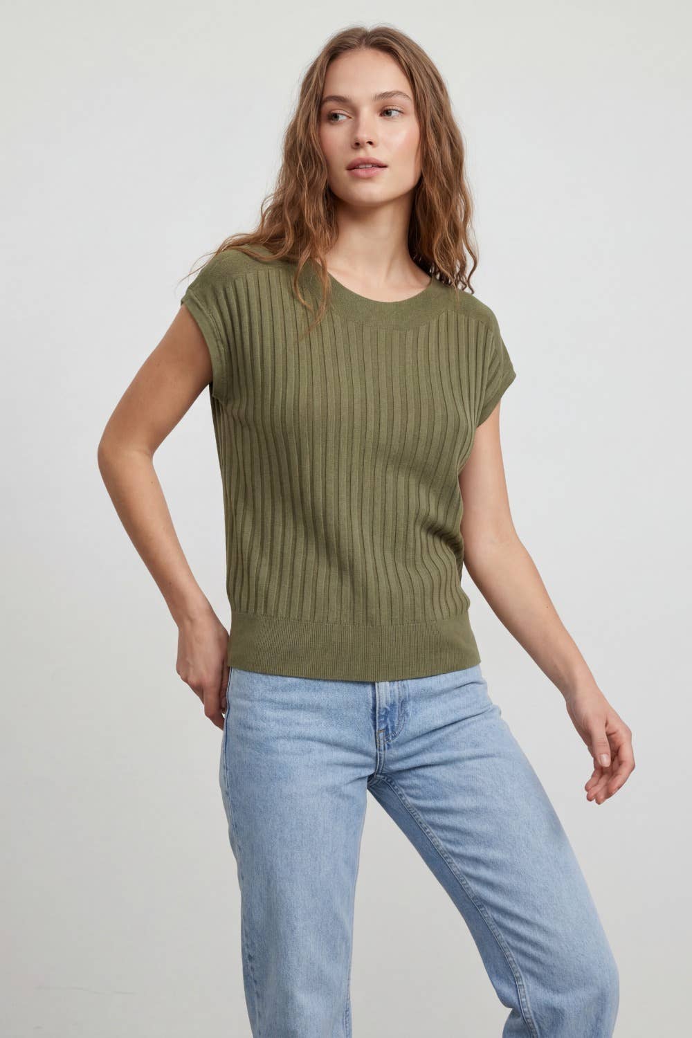 Rib Knitted Sweater with Boat Neck- Green