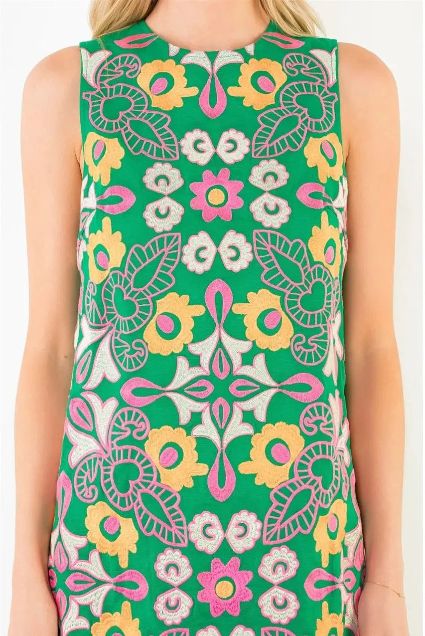 Sleeveless Floral Embroidery Dress- Green