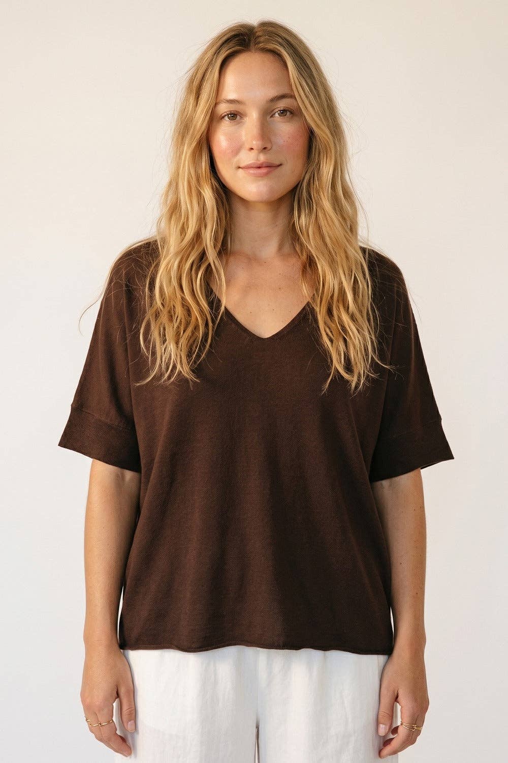V-Neck Knit Top- Brown