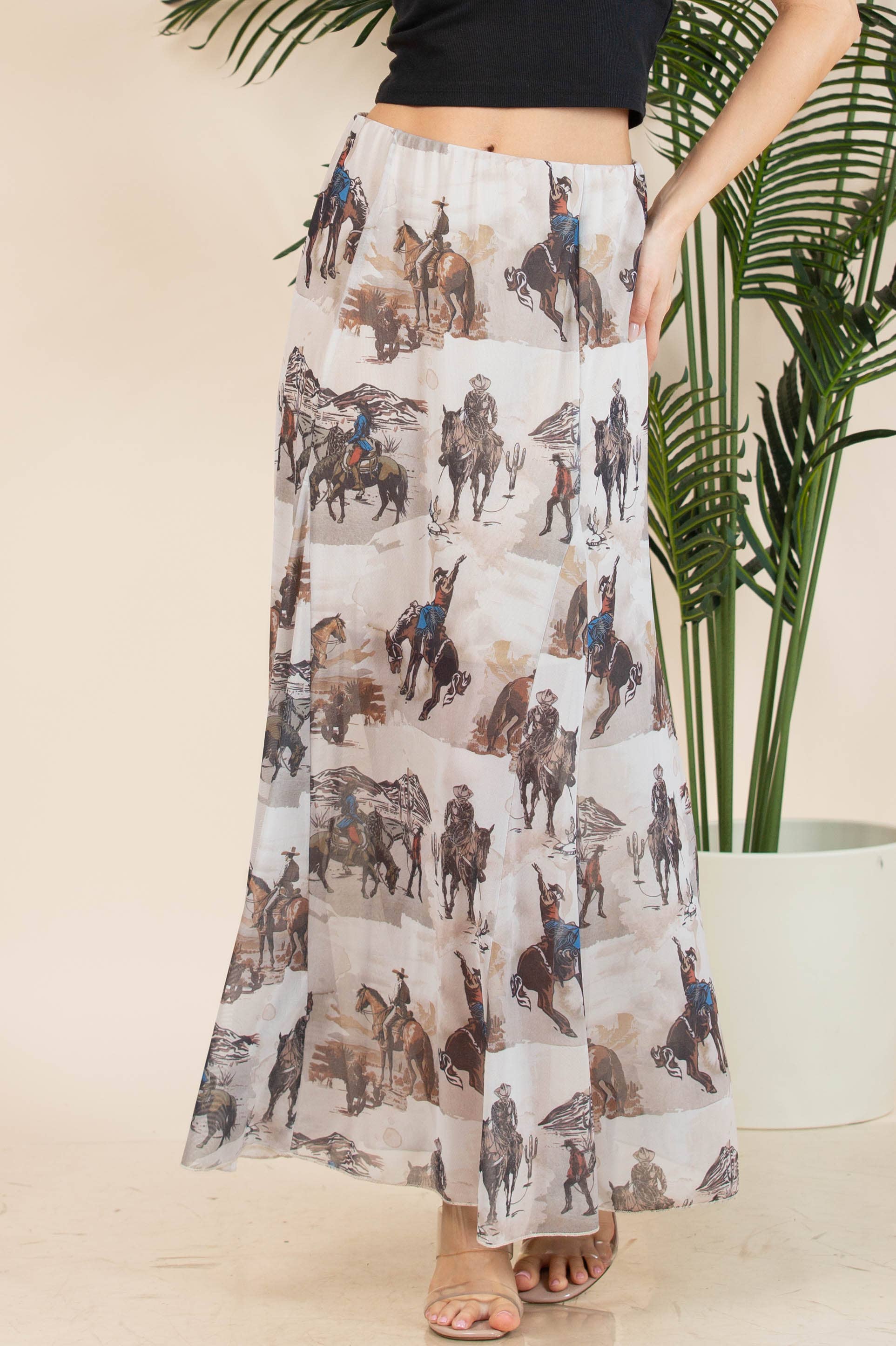Cowboy Print Mesh Maxi Skirt